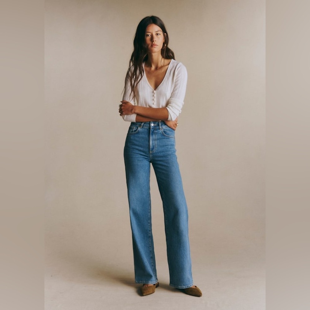 NWT Sezane New 70’s Trousers in Blue Denim - Picture 2 of 4